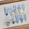 Handmade French Style Press-On Nails 2026 Mid-Length Blue Castle Design Women Girls