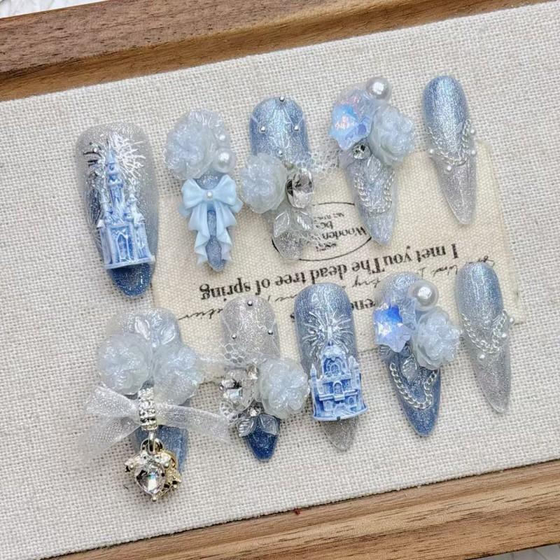 Handmade French Style Press-On Nails 2026 Mid-Length Blue Castle Design Women Girls