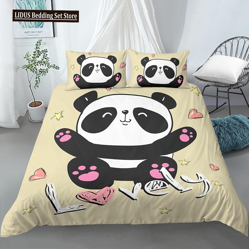 Panda Polyester Duvet Cover Set White Black Cartoon Animals Heart Flowers Printed King Queen Twin Size For Kids Boys Girl Teen