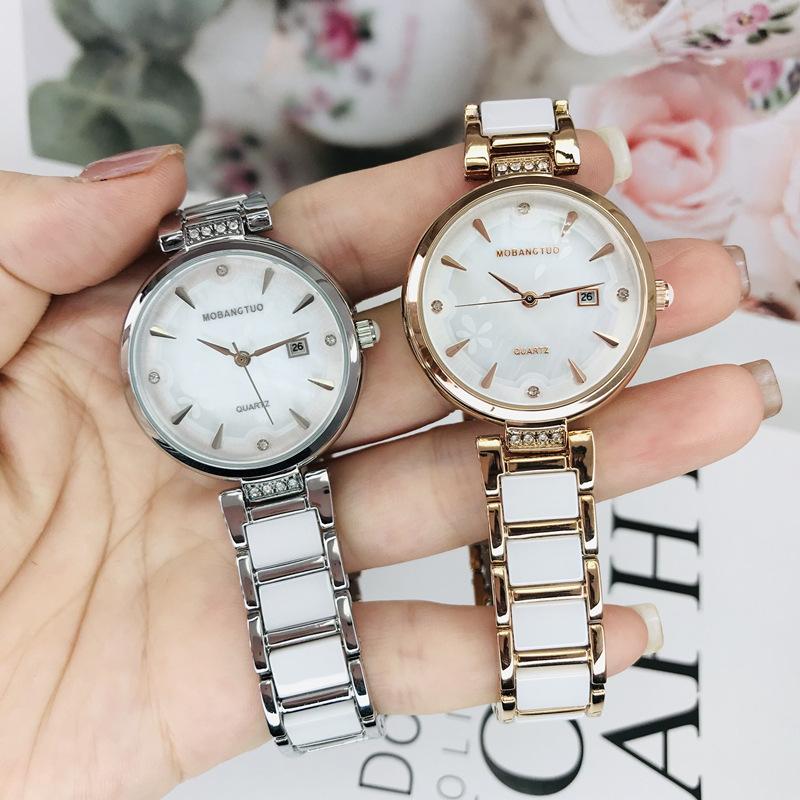 White Ceramic Women'S Watch Women'S Simple Fritillary Face Calendar Fashionable High-End Niche Light Luxury Women'S Watch