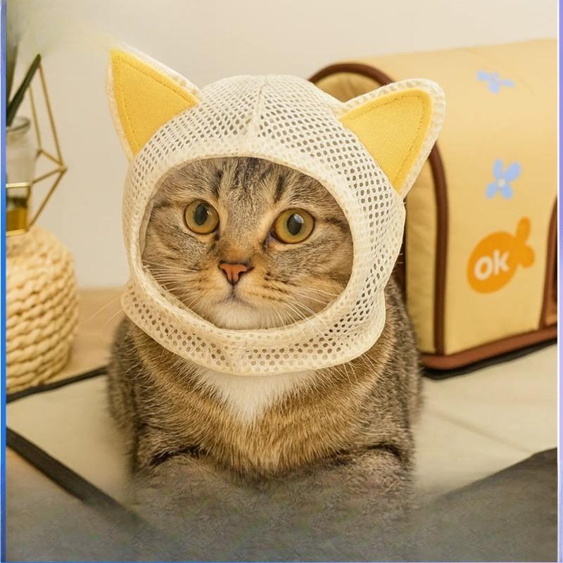Breathable Mesh Cat Grooming Hood Cute Cat Ear Anti Scratch Anti Bite Stress Reduction Pet Hat for Nail Trim Bath