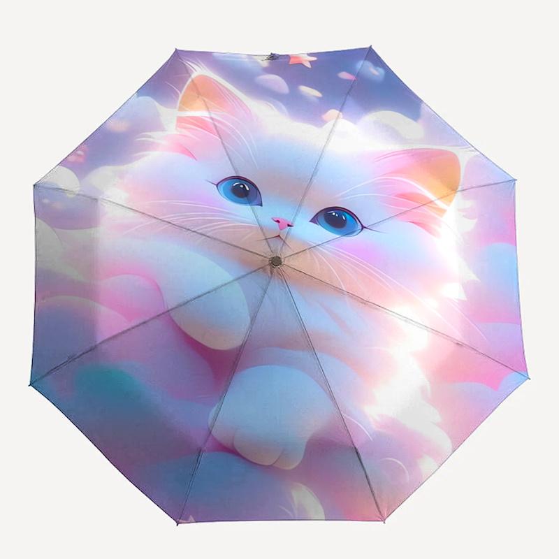 Kätzchen, Wolken Automatischer Regenschirm einfaches Acht-Rippen-Design, helles Farbmuster, stabiler Eisenrahmen, ideal für Reisen und Outdoor,