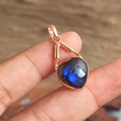 Rose Gold Plated Labradorite Heart Pendant 925 Sterling Silver Handmade Jewelry