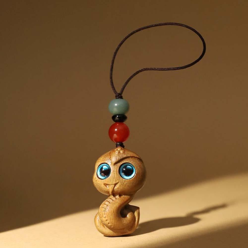 Cyan Eyes New Year Carved Pendant Mini Green Sandalwood Phone Chain Ornament Gifts
