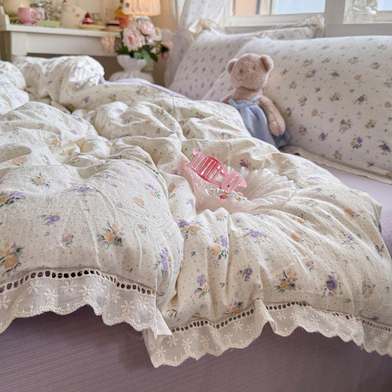 Ins Korean Style Blue Bow Double Layer Gauze Four-Piece Set Simple Lace Edge Duvet Cover Bed Sheet Dormitory 3-Piece Set