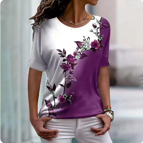 2024 New Women's T-Shirt Fashion Crew Neck Flower Printing Casual Daily Women's Top Summer Trend Loose