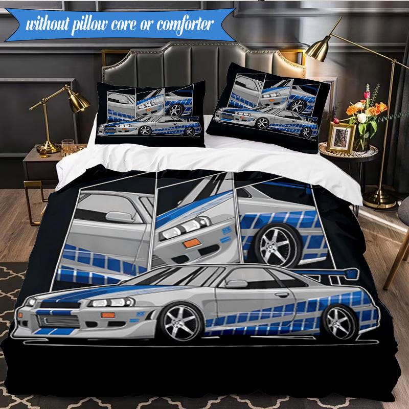 3PCS Skyline Blue Racing Spirit Speed Style Bedding Set 2D Printing (Includes 1 Duvet Cover + 2 Pillowcases Coreless), Bedroom decor,Fan gift