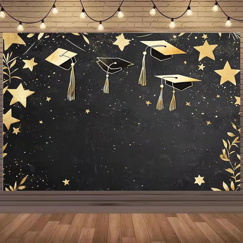

2D Flat Printing Black Gold Graduation Background Cloth for 2026 Graduation Ceremony Photoshoot 47.2x31.5inch/120*80cm