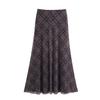2025 Spring Women's Slim Plaid Silk Midi Skirt - Casual, Elegant, High Waist