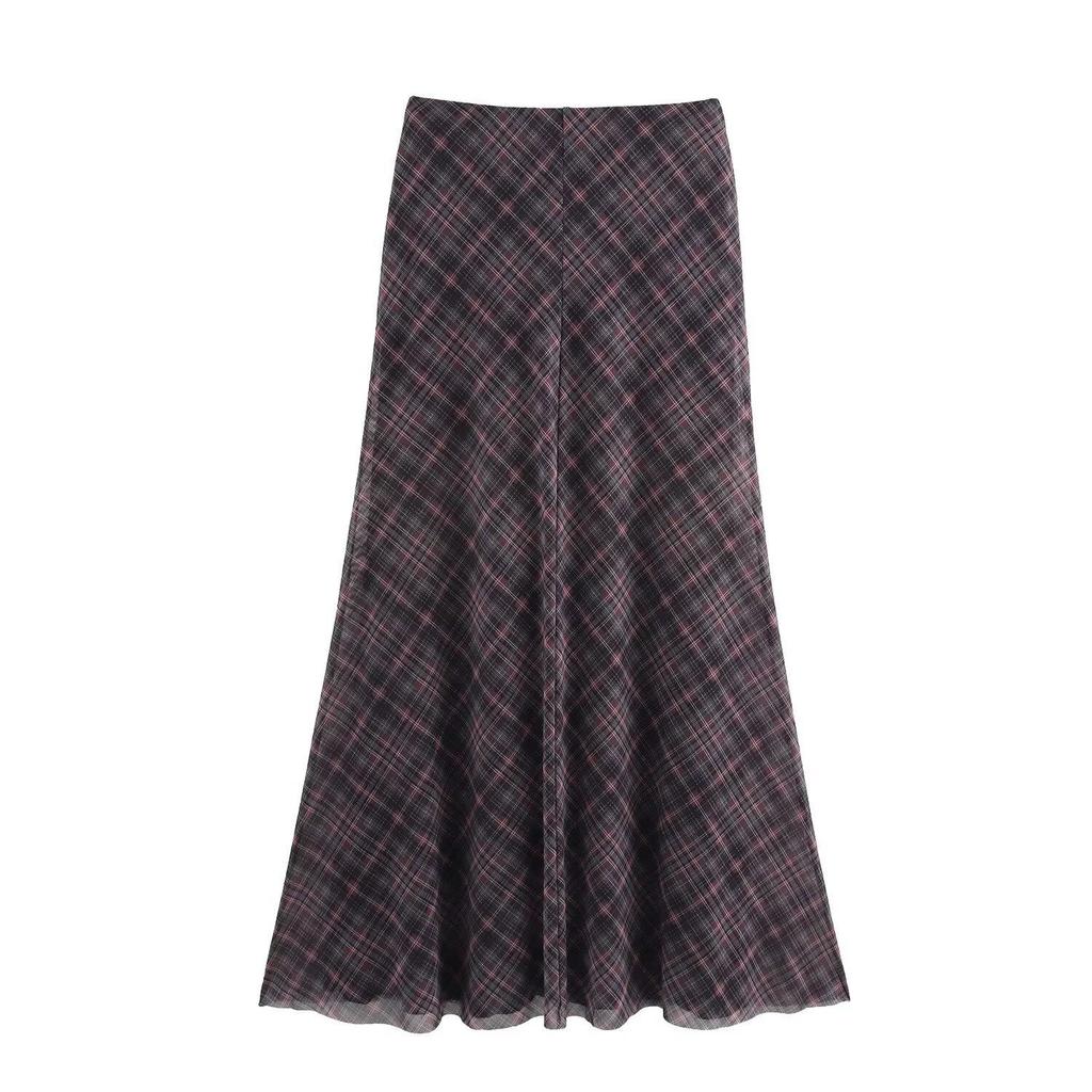 2025 Spring Women's Slim Plaid Silk Midi Skirt - Casual, Elegant, High Waist