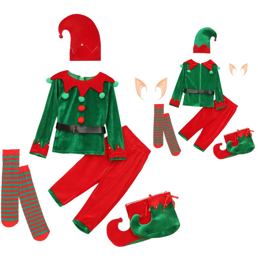 7Pcs Boys Cute Christmas Elf Costume Set Shirt Top with Pants Hat Silicone Elf Ears Belt Stockings and Shoes Covers Set