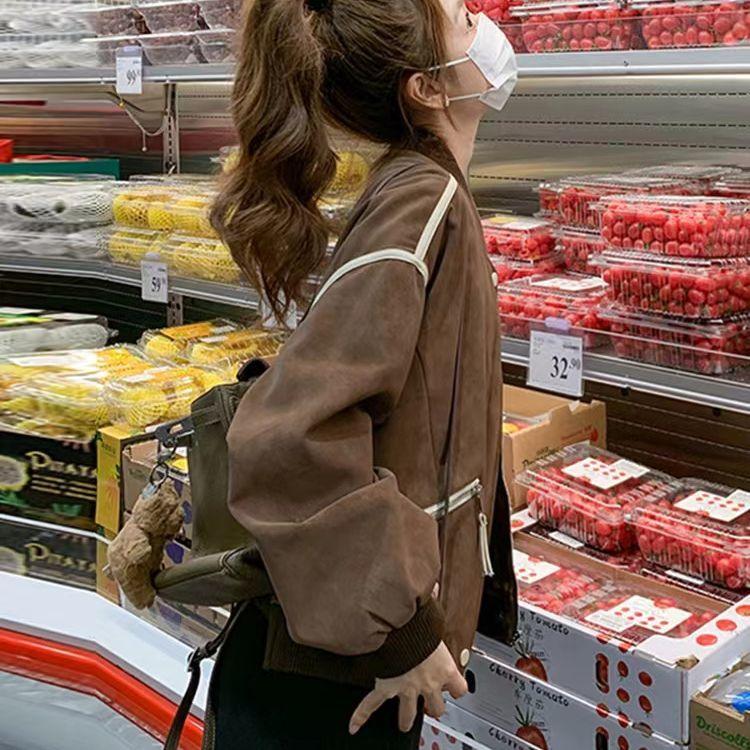 Vintage Brown Baseball Jacket Women Spring Fashion Retro Outerwear Casual Coat