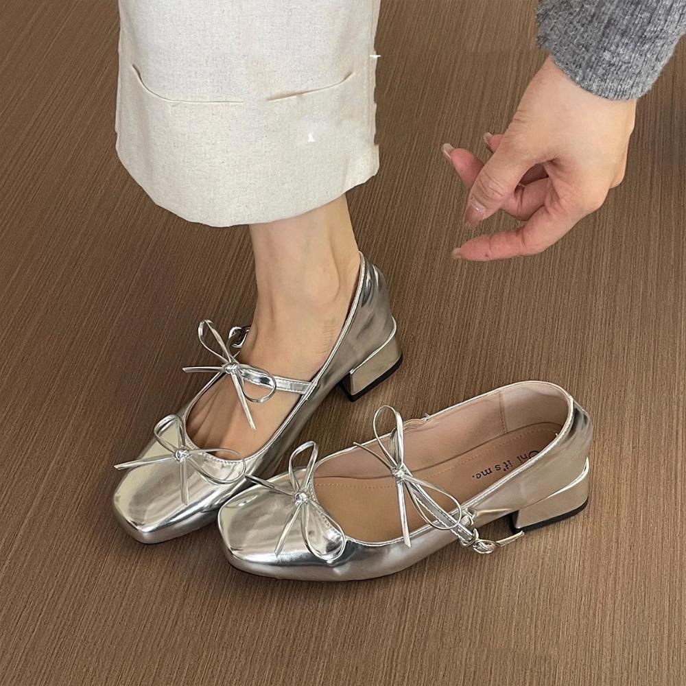 Modische flache Schuhe für Damen 2025 Frühling Sommer Neu Flacher Ausschnitt Gerader Schnallenriemen Pumps Grob Absatz Schleife Mary Jane Schuh Damen