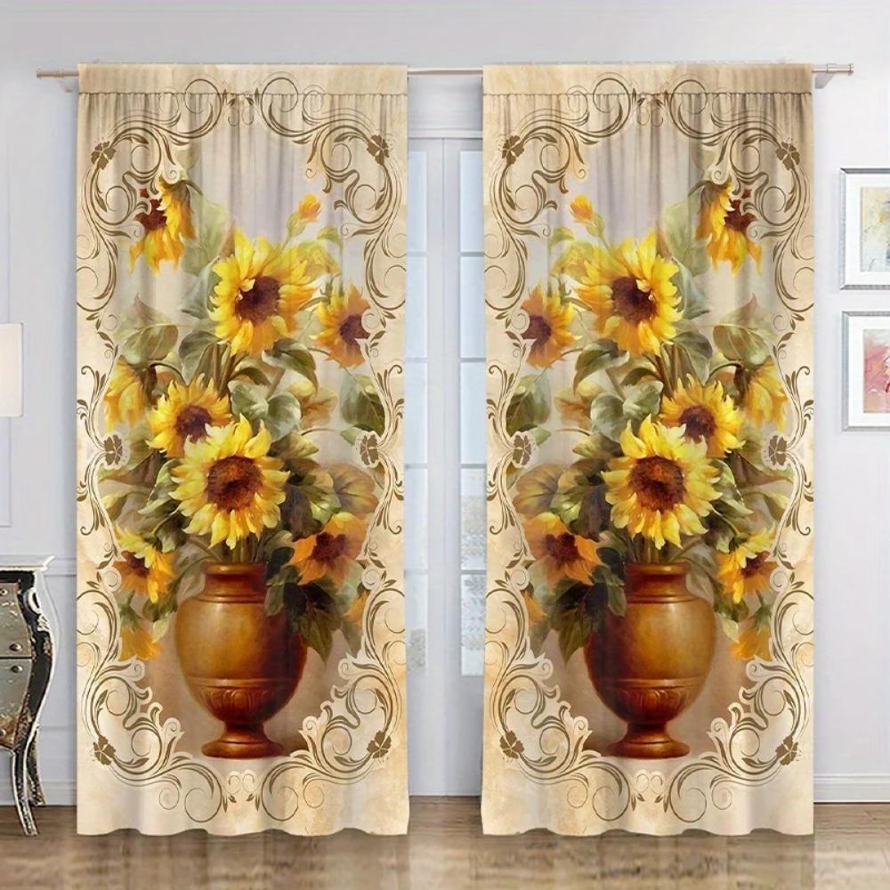 Sunflower Vase Printed Drapes , Rod Pocket Windowpane Treatment for Girls Bedchamber , Office , Kitchen ,LivingroomSpace,HouseholdDecoration