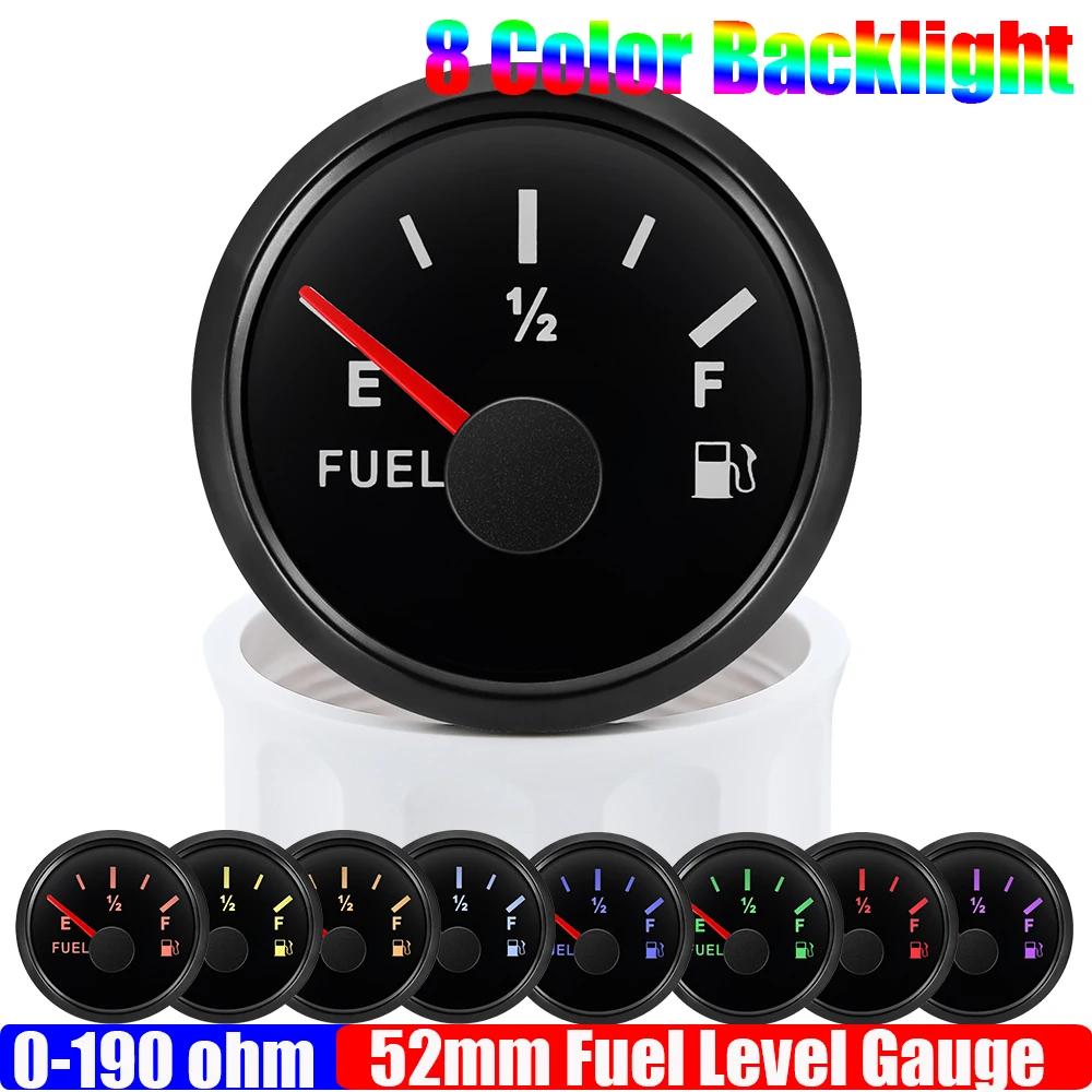 0-190 Ohm Fuel Float Level Sensor+52MM Fuel Level Gauge 8 Color Light Waterproof Pointer Oil Tank Meter Car Boat Marine 12V 24V