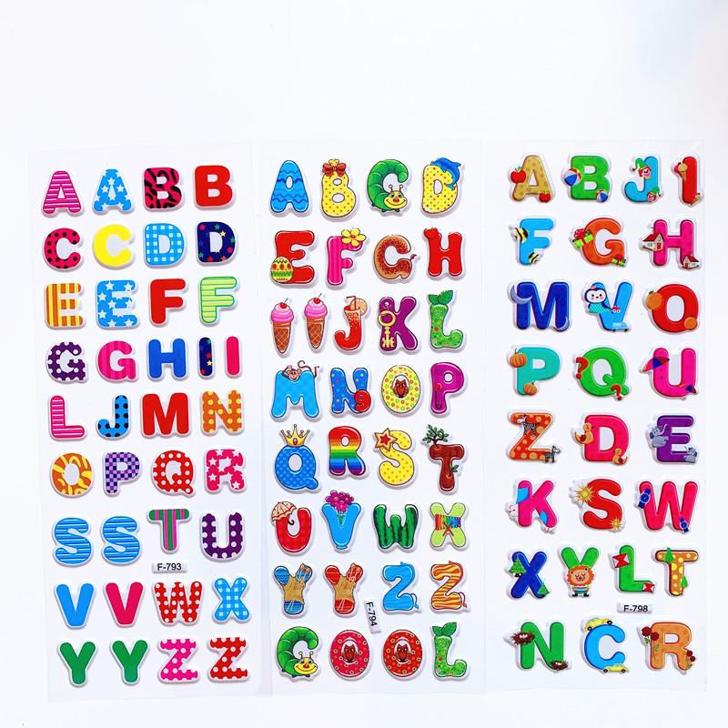 6 Sheets 3D Cartoon Stickers Waterproof Bubble PVC DIY Sticker Number Alphabet Girls Boys Kids Children Gifts GYH
