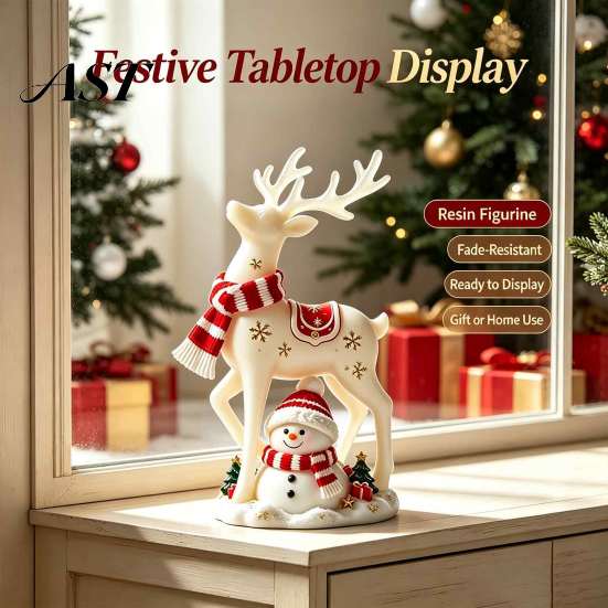 Unique Housewarming Gift Christmas Reindeer Snowman Resin Figurine, White Deer Statue with Red Scarf, Indoor Holiday Ornament Winter Tabletop