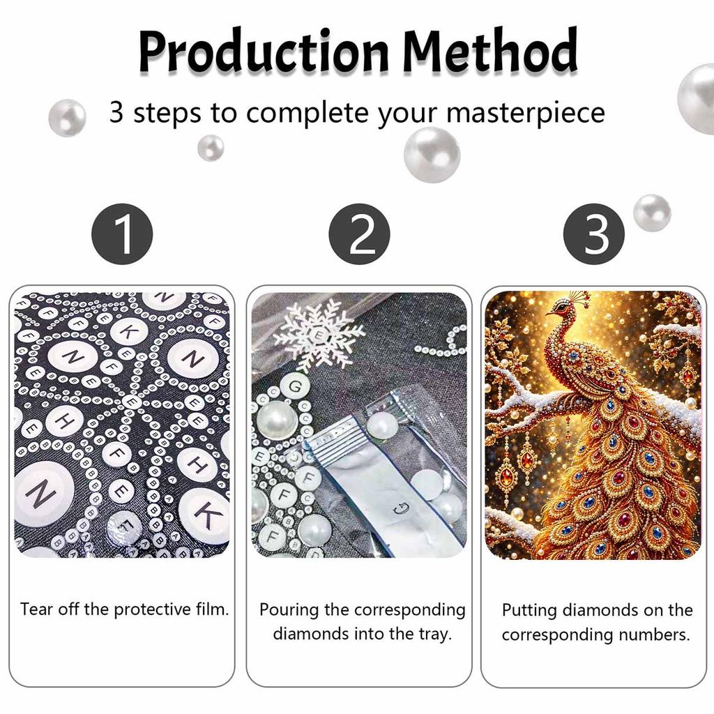 Sparkling Pearl Painting Kit with Frame Golden Peacock Bead Art Canvas Relaxing Craft Home Wall Decor Gift Set for DIY Art Wall Decoration Art