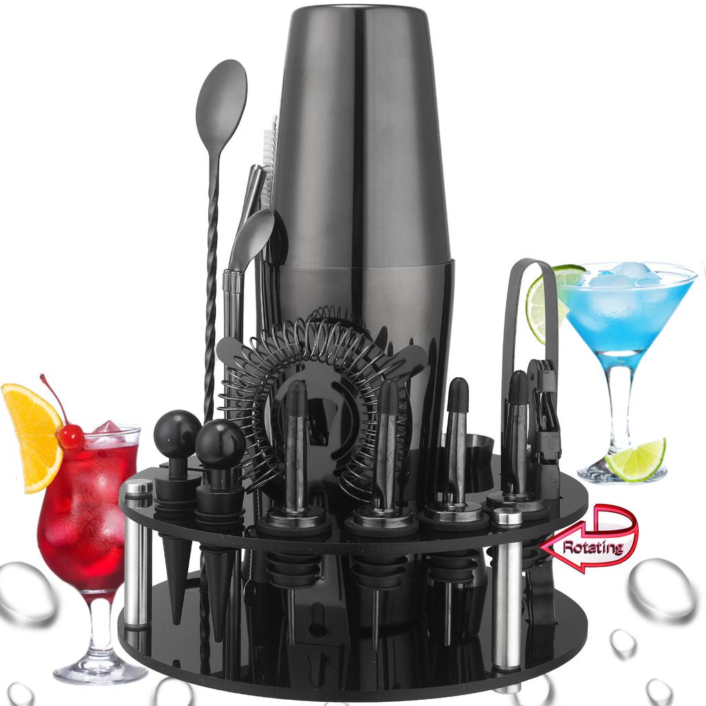 Rotating Round Black Acrylic Snow Cup Set Anti-Drop Cocktail Shaker Bar Tools 20-Piece Set
