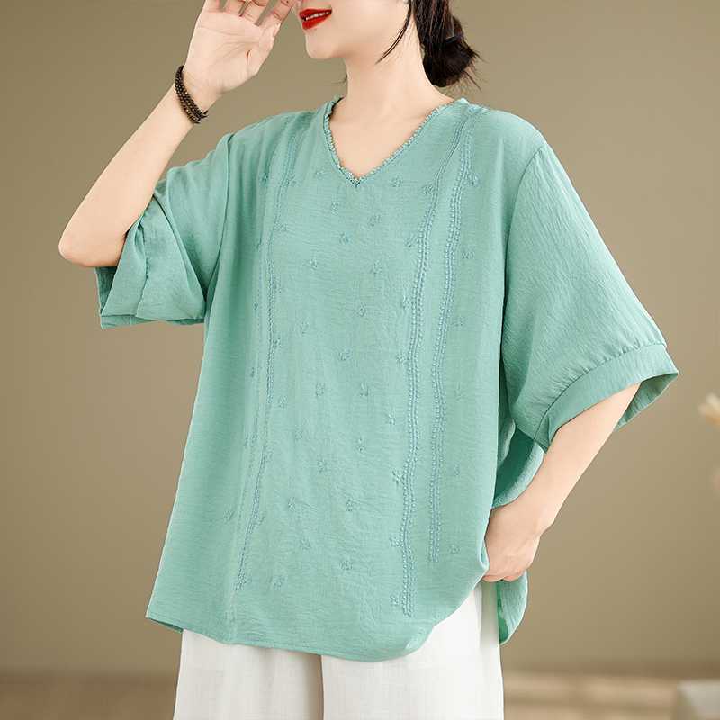 Summer Embroidered Ramie Top Loose V-neck Linen Cotton Hemp Short Sleeved Shirt Women's Versatile T-shirt