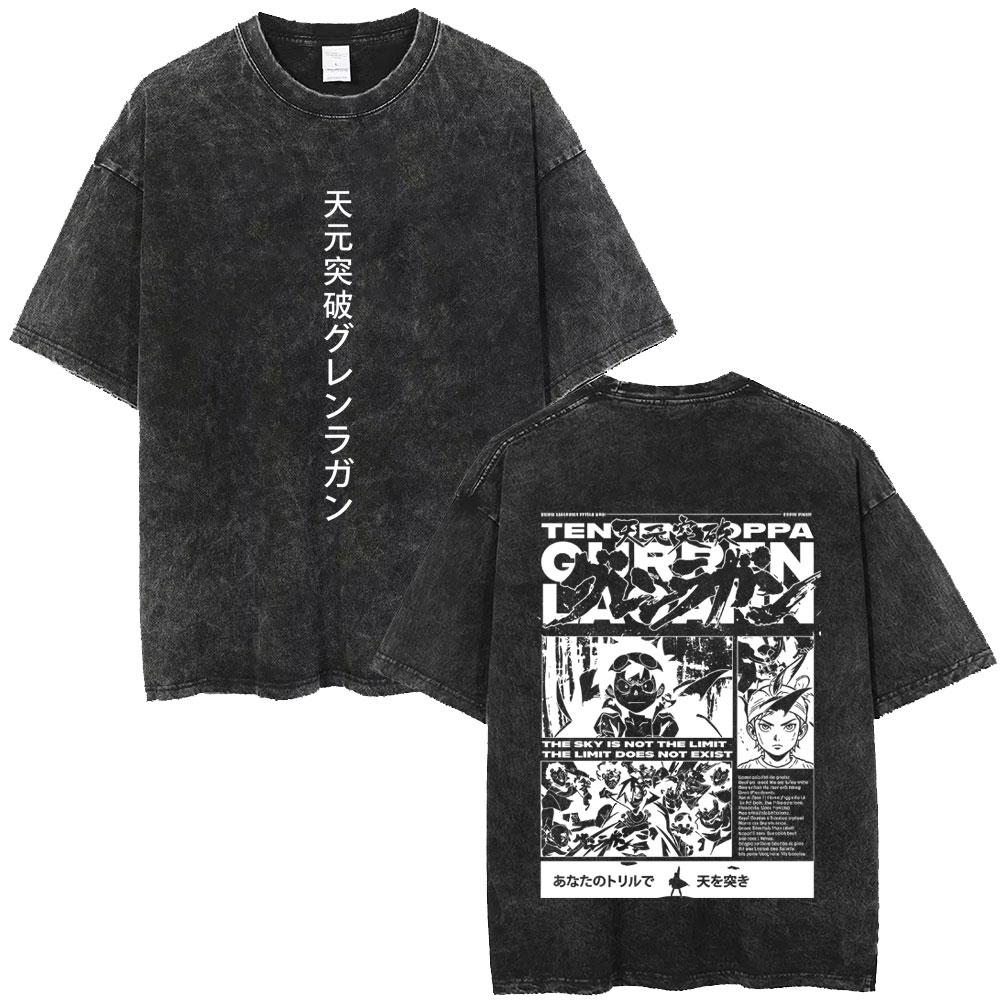 Anime Tengen Toppa Gurren Lagann Spiral Power Simon Vintage Washed T-shirt Manga Oversized T Shirts Cartoon Streetwear Unisex