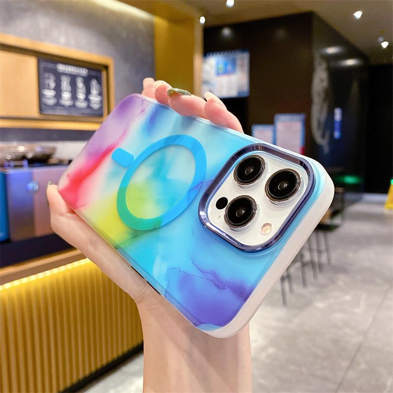 Luxury Watercolor Phone Case for iPhone 14 Plus Magnetic Cases Matte Marble Magnetic Transparent Cover for iPhone 13  14 Pro Max