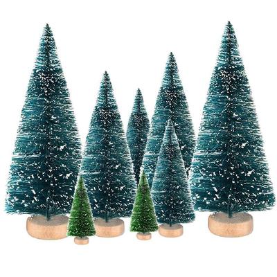 8PCS Mini Christmas Pine Tree Decorations with Wooden Base Sisal Silk Bottle Brush Trees For Xmas Party Happy New