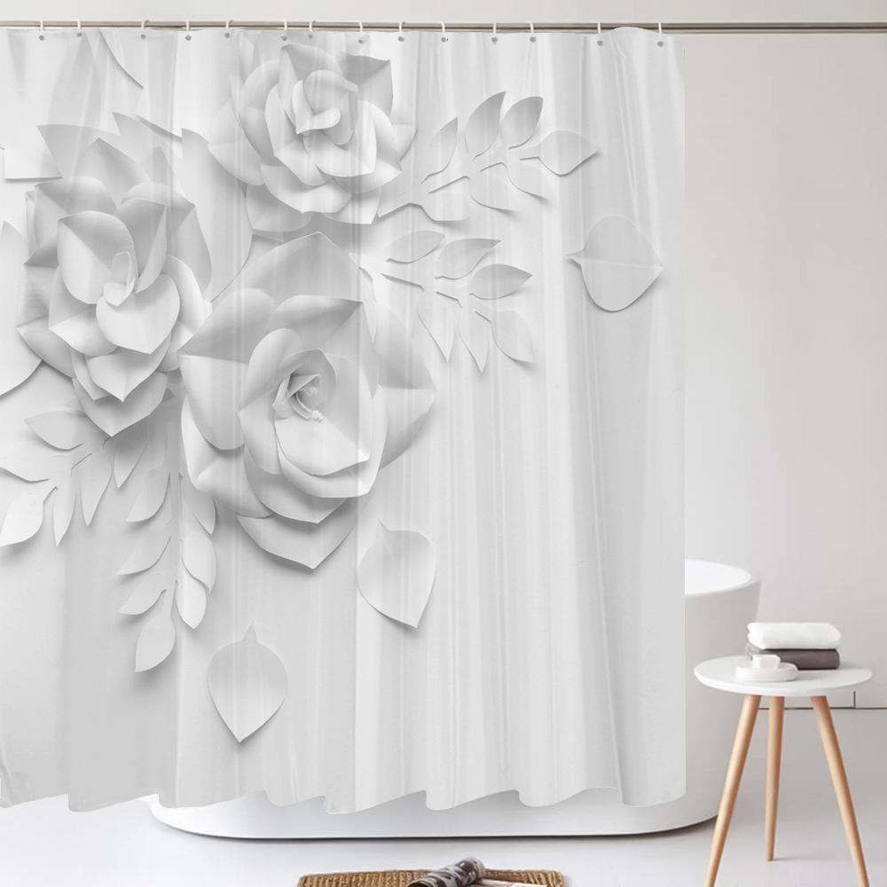 Elegant Bukett Av Fantastiska Vita Blommor 3D-stil Duschdraperi Badrumsgardin Med Badrumsmatta Mattset Blommig Heminredning