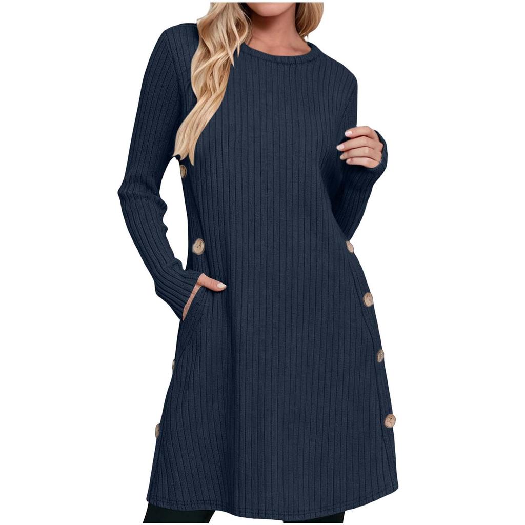 Women's Casual Midi Dress with Round Neck and Side Button for Everyday Wear