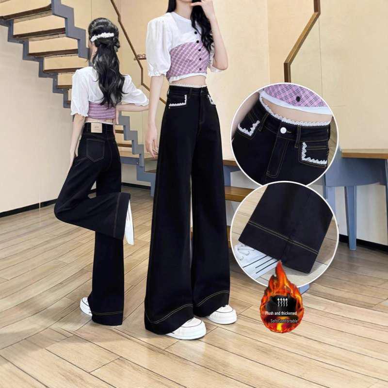 

Women s Black Fleece-Lined Lace Denim Pants - Thick, Autumn/Winter, Slimming, Wide-Leg, Micro Flare, Loose Fit, Good Drape, New Style. XL