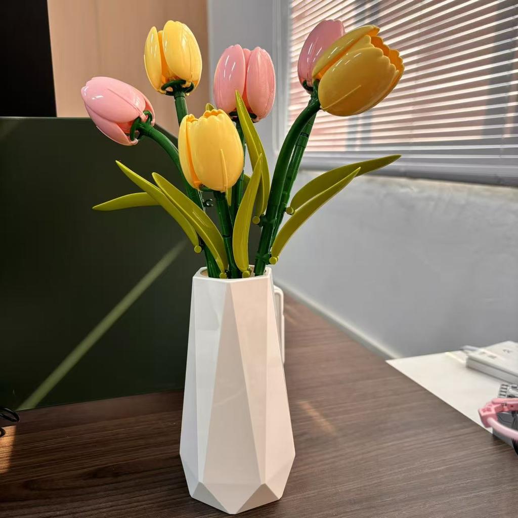 Tulip Building Block Set, Valentine'S Day Gift For Women, Home Decor Tulip Building Block Flowers, Diy Bouquet Plant Decorations For Dining Table
