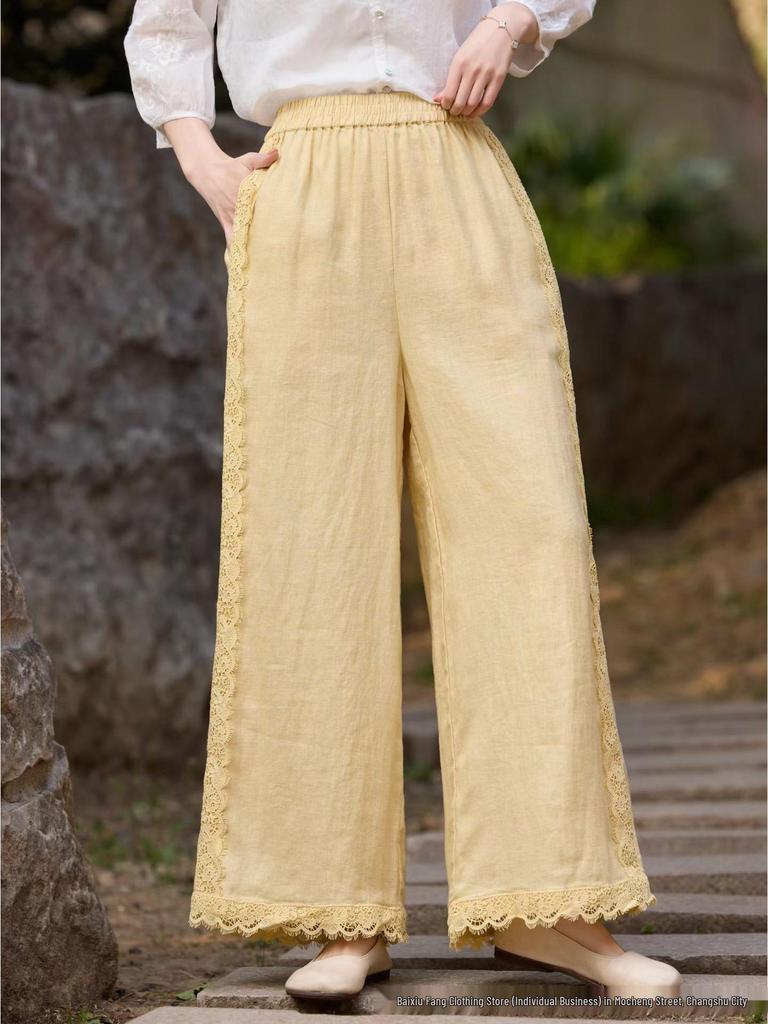 Women's Retro Wide-Leg Linen Pants - Elastic Waist, Lace Tie, Solid Color, Loose Fit