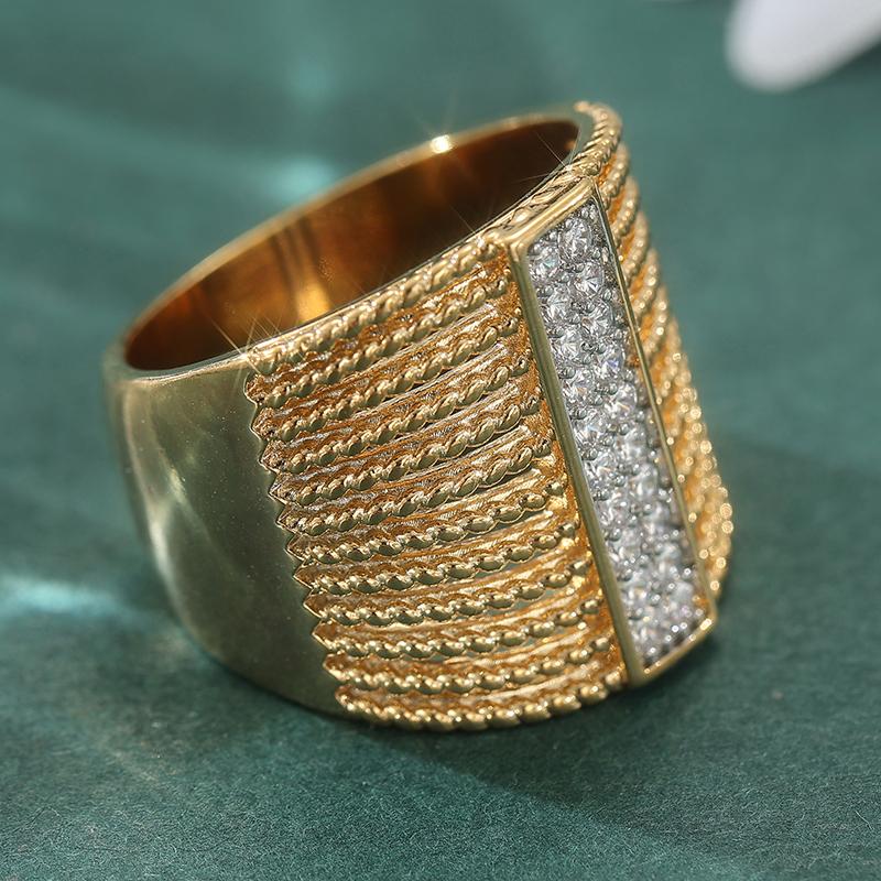 Luxury Golden Color Wide Ring For Women Sparkling Synthetic Zirconia Jewelry Party Banquet Wedding Fashion Rings