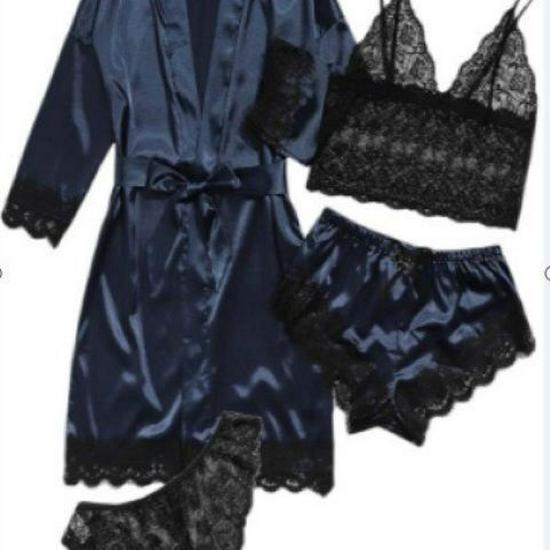 European Luxury V-Neck Lace Satin Pajamas & Nightgown Set - Includes Camisole & 3/4 Sleeve Robe, 4-Piece Women's Sleepwear.