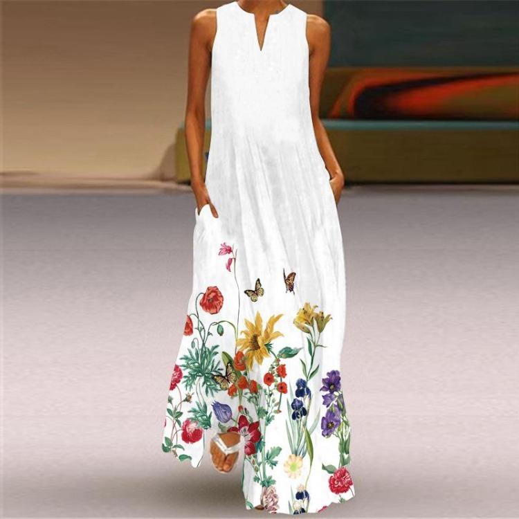 Sexy Sleeveless V Neck Printed Long Dress Women Summer European American Style