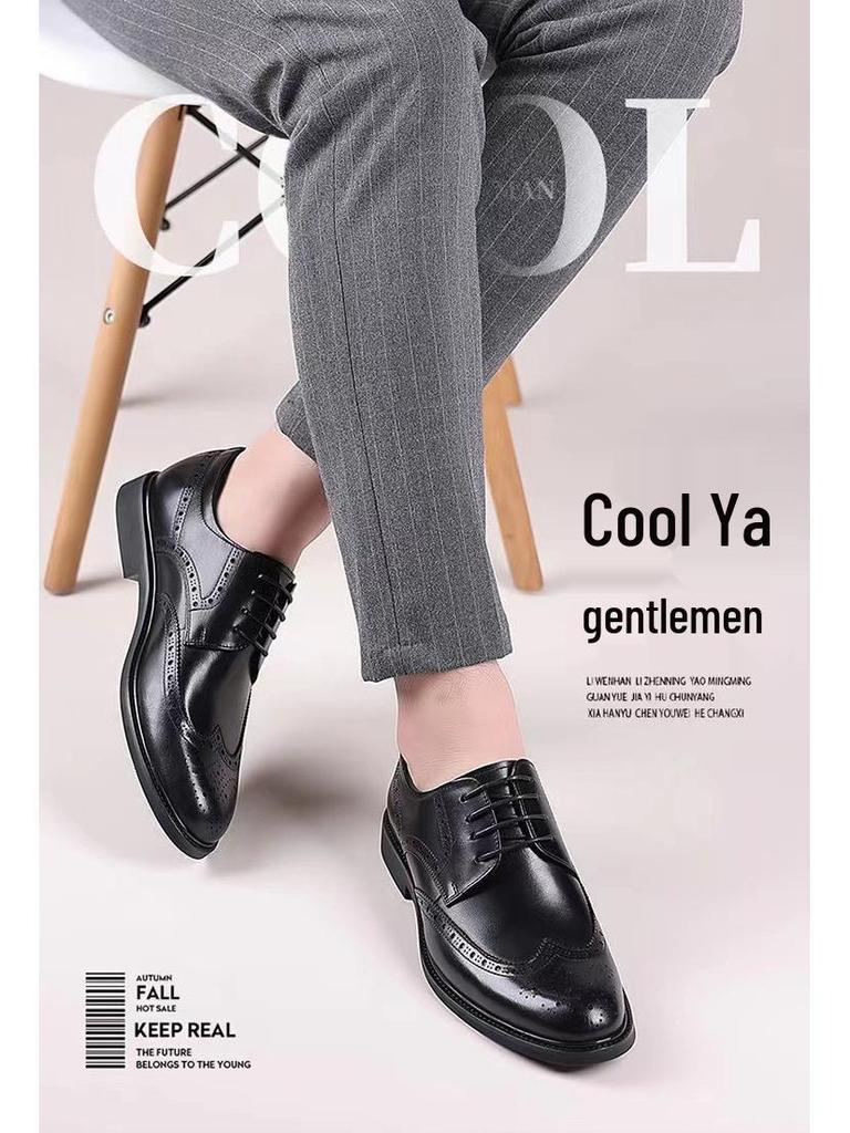 Men's British Style Height-Increasing Brogue Leather Shoes for Summer - Breathable, Formal, and Casual. Perfect for Groom or Wedding.