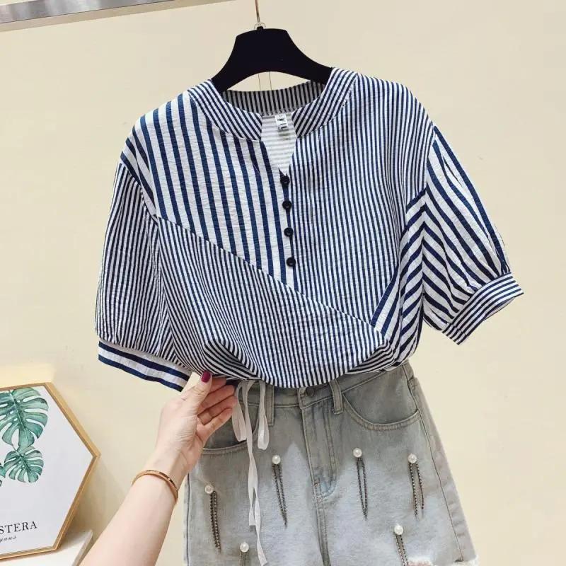 Dam sommar oregelbunden randig kortärmad skjorta design skarvning personlig bekväm topp