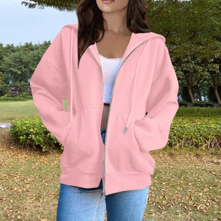 Women's Casual Solid Color Long Sleeve Zippered Hooded Sweatshirt Fashion Top