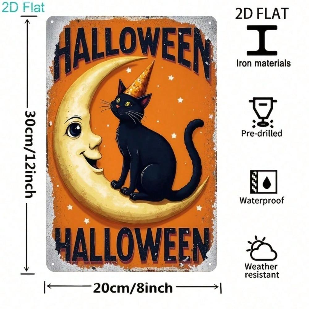 Vintage Halloween Black Cat Moon Metal Tin Sign, 2D Flat Wall Decor for Home Bar Cafe Party