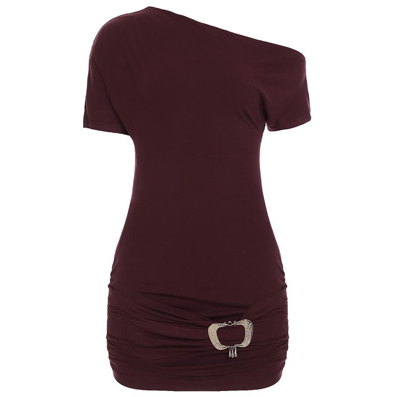 

Женское диагональное воротниковое утягивающее платье Sense Design Spice Girl, сексуальное короткое платье с открытыми плечами и плиссировкой на бедрах M фиолетовый