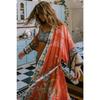 Women Floral Print Kimono Cover Up Boho Long Sleeve Sheer Beach Kimono with Belt