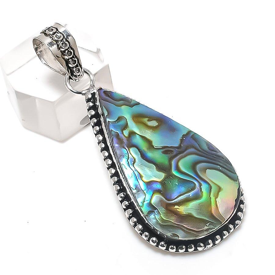 Natural Abalone Shell Gemstone 925 Sterling Silver Jewelry Pendant 2.17" N0j90