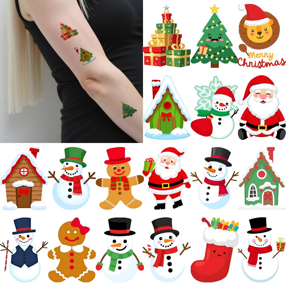 54pcs Temporary Tattoo Christmas Stickers Temporary Tattoo Stickers Snowman Labels Holiday Decals Cartoon Santa Claus Stickers