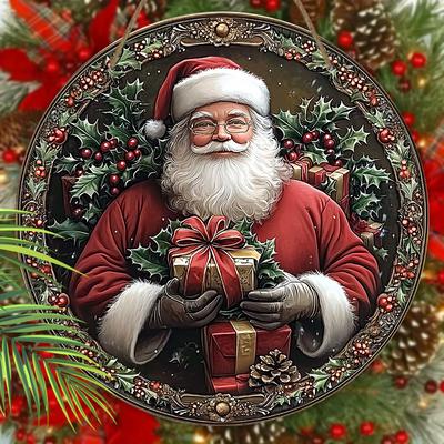 Wooden Christmas Sign with Kindly Santa Claus Pattern, Classic Christmas Eve Round Sign for Front Door Wall Hanging Decor, Ideal Christmas Gift
