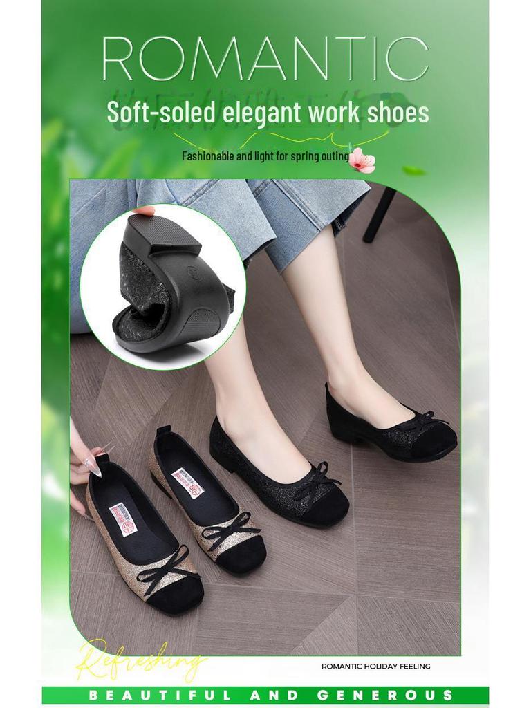 2025 New Women's French-Style Sequined Bow Flats: Square Toe, Shallow Mouth Evening Shoes