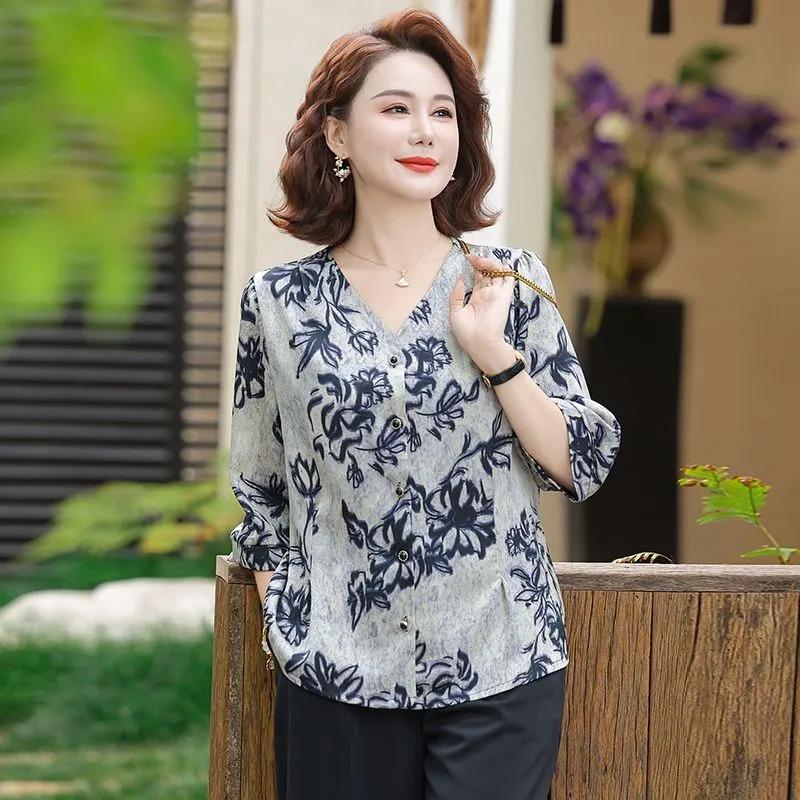 Temperament Middle-aged and Elderly Summer Floral Tops Fashionable Three-quarter Sleeve Cardigans Versatile