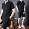 Męski Zestaw Dwuczęściowy na Wiosnę i Lato Rozmiar Plus Okrągły Dekolt Krótki Rękaw Sweter + Luźne Spodenki Sportowy Komfort