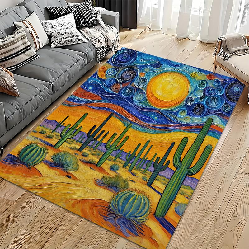 Van Gogh Starry Night Desert Style Cactus Modern Art Carpet Rug Suitable for Use As an Anti-slip for Living Room Bedroom Sofas