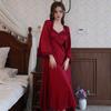 Ice Silk Long Sleeve Extra Long Robe with Chest Pad & Camisole Nightdress for Women