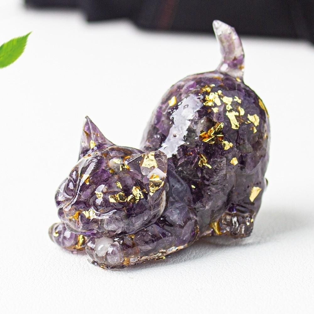 Cadeaux Figurine Chat en Cristal à Queue Bouclée Accents Feuille d'Or Style Artisanal Statue de Chat Ornement de Chat Décor de Salon